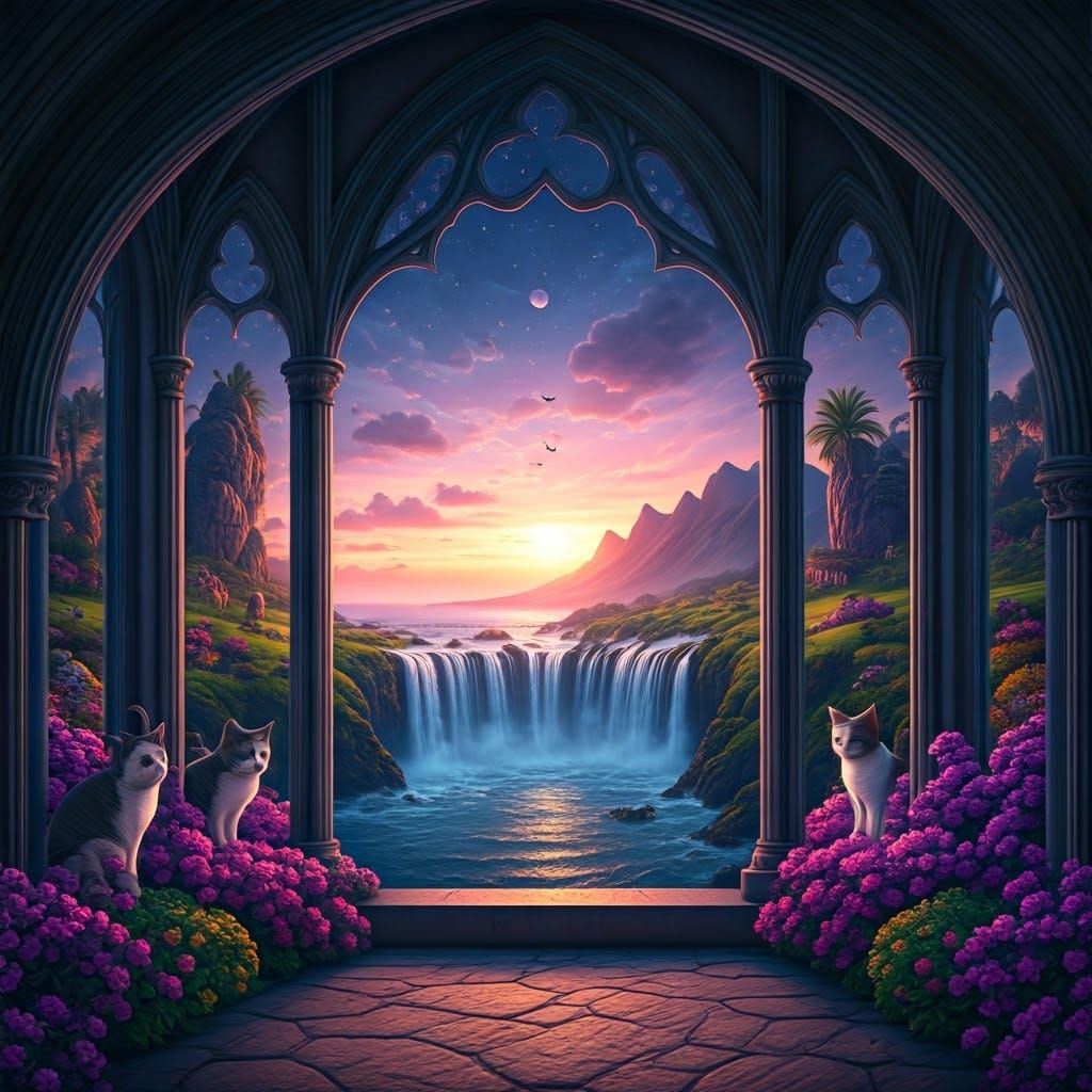 Whimsical Cat Paradise Through a Majestic Glass Window in Fa...