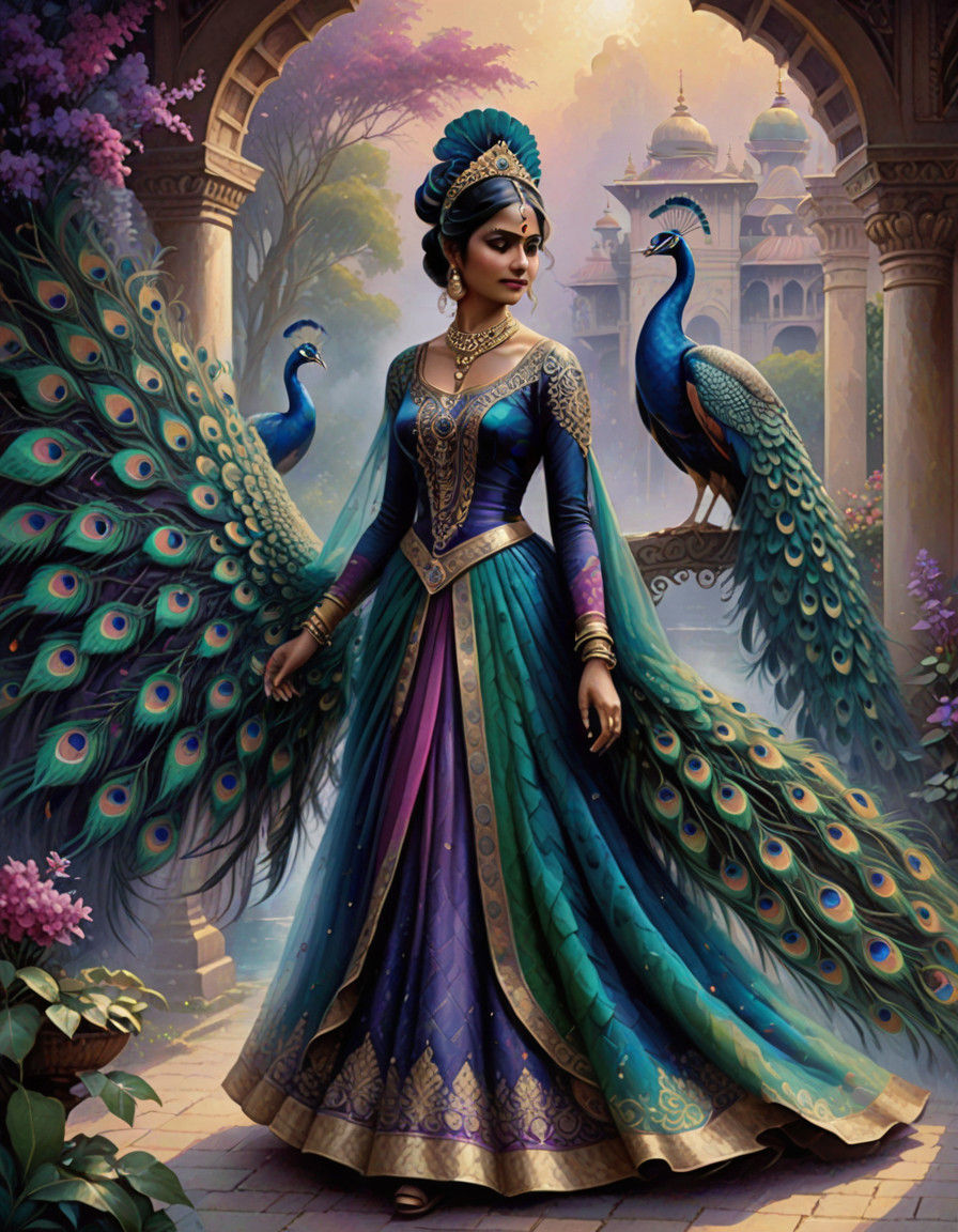 Woman in Peacock Feather Gown, Inspired by Traditional India...