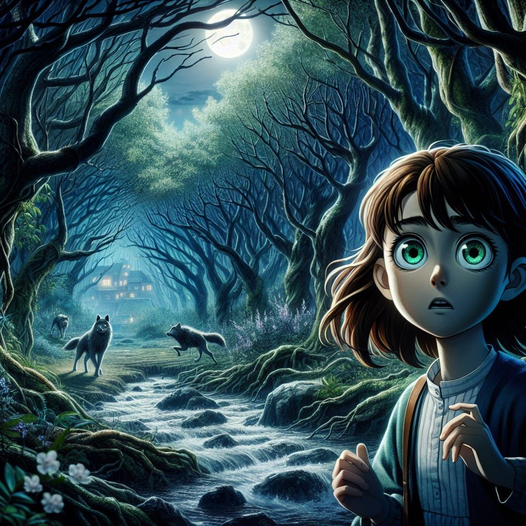 Frightened Girl Running Through Forest in Anime Style
