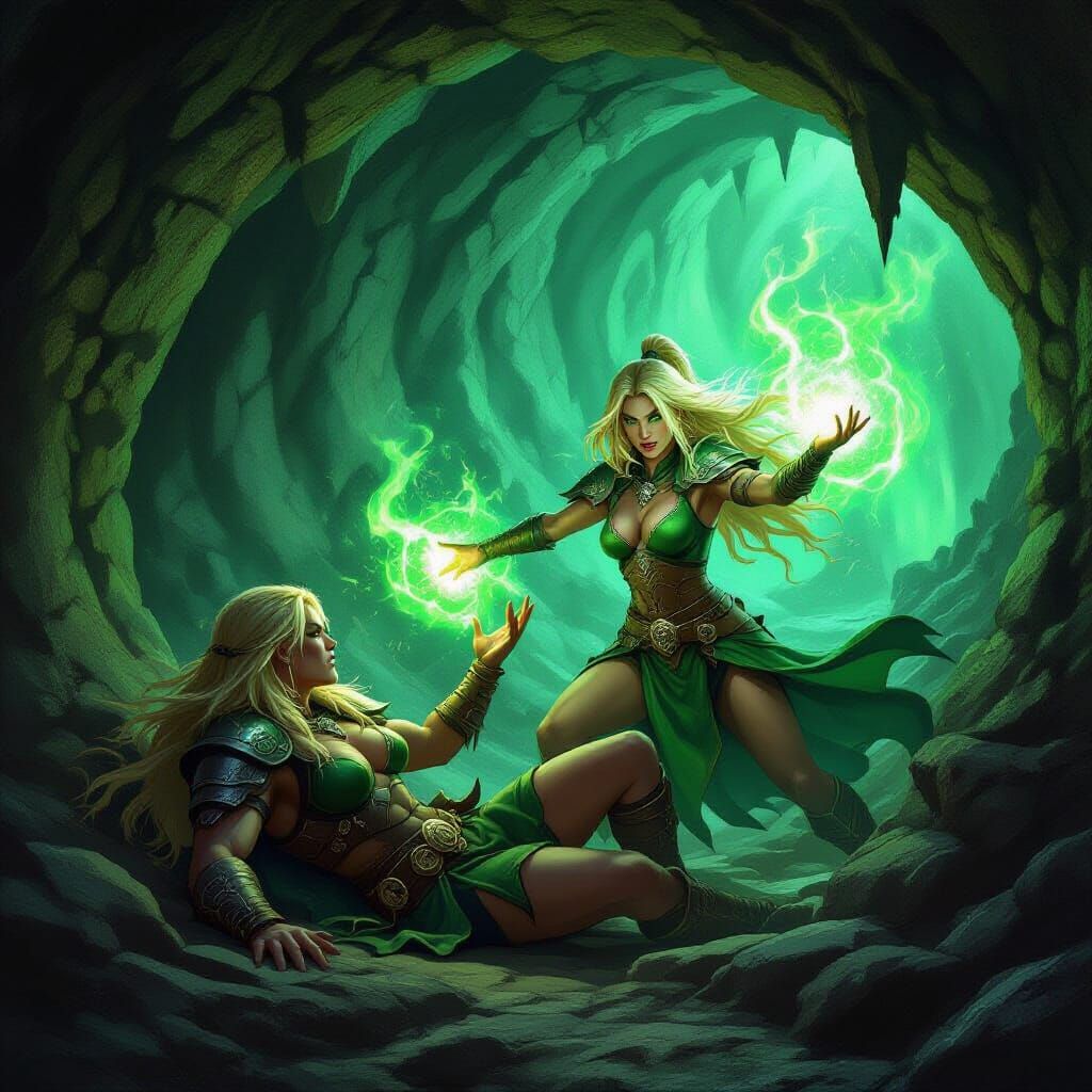 Barbarian Rescued by Warlock in Dark Fantasy Style