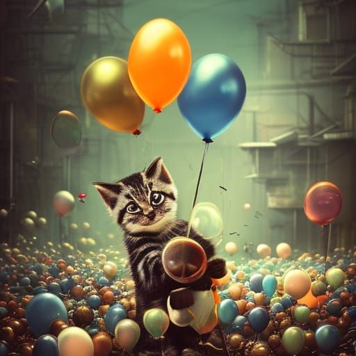 Cute Kitten with Balloons in Scrapyard