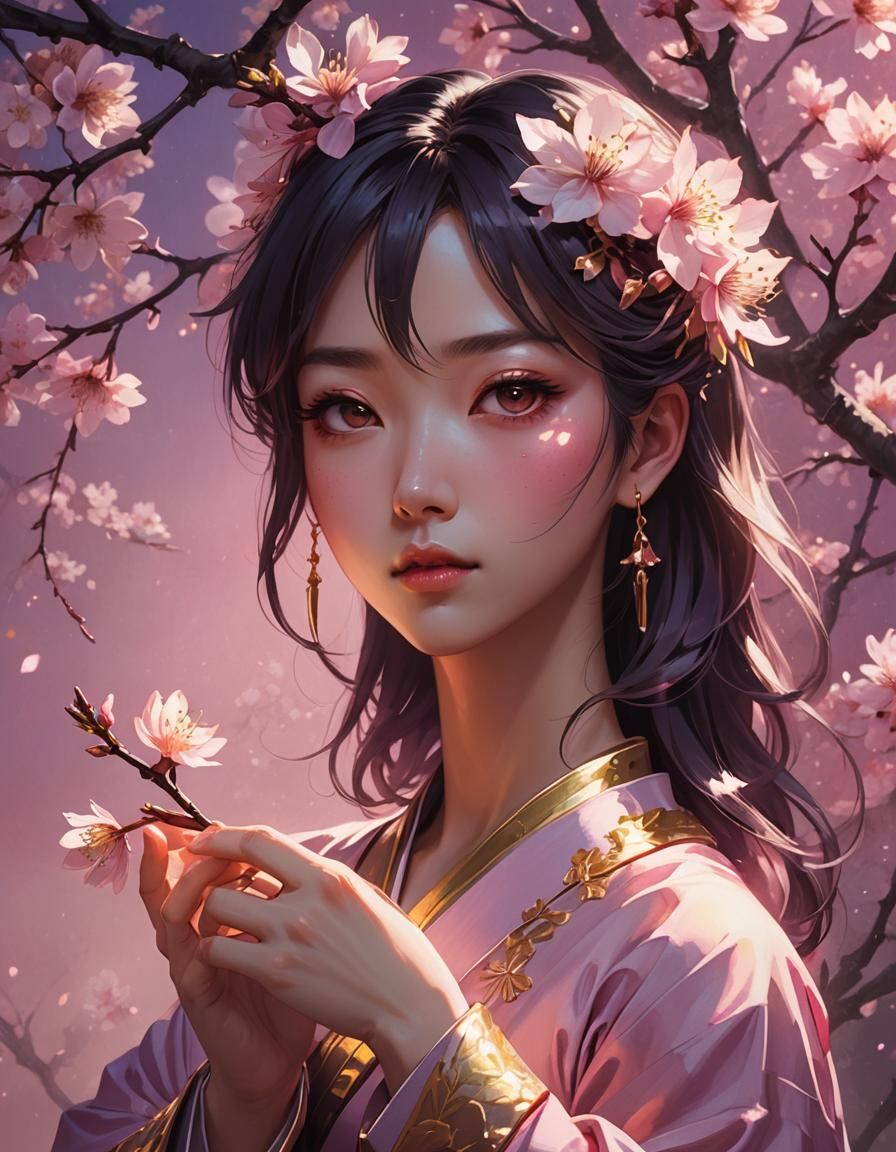 Courageous Woman with Cherry Blossom: Anime Concept Art
