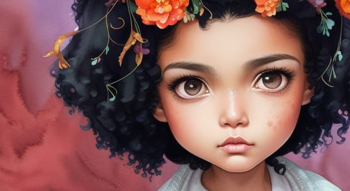 Watercolor Portrait of a Girl with Curly Hair