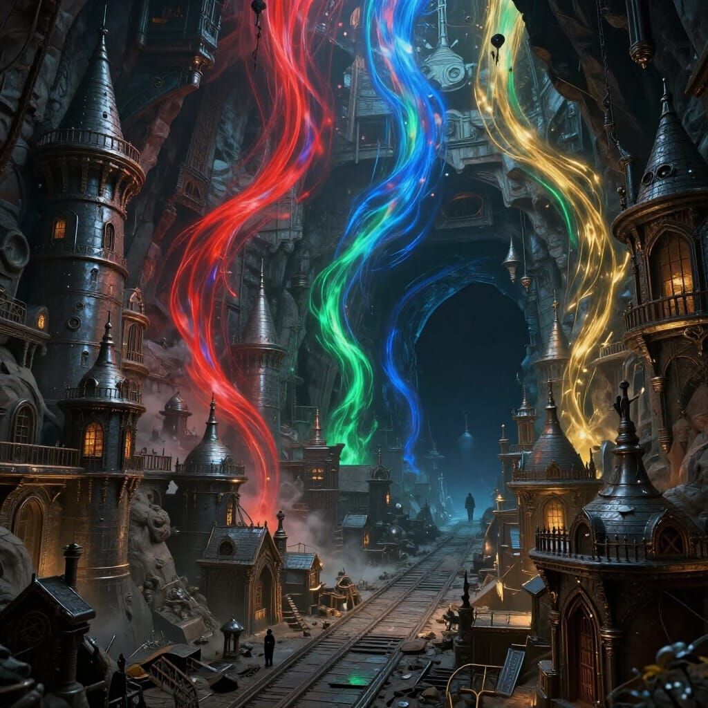 Steampunk Mining Town Lit by Aether Streams