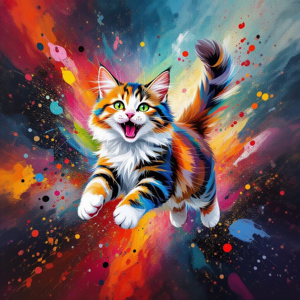 Surreal Leaping Cat in Abstract Colors