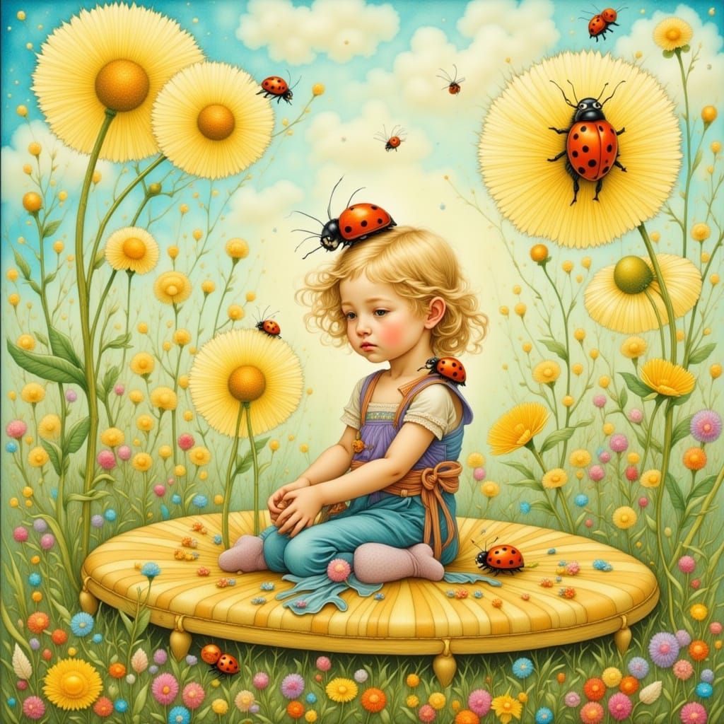 Ladybugs on Dandelion Trampoline, Impressionist Fairy Tale