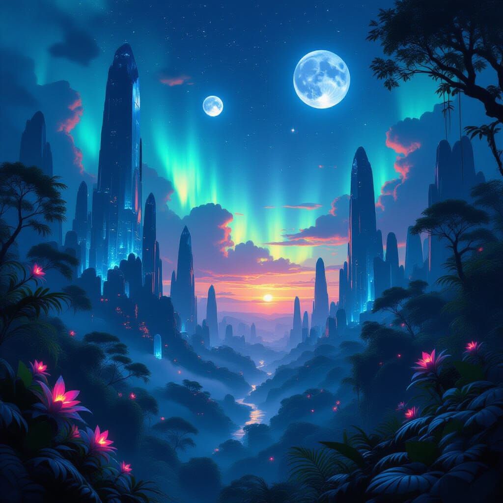 Alien Jungle Vista at Twilight with Crystalline Trees