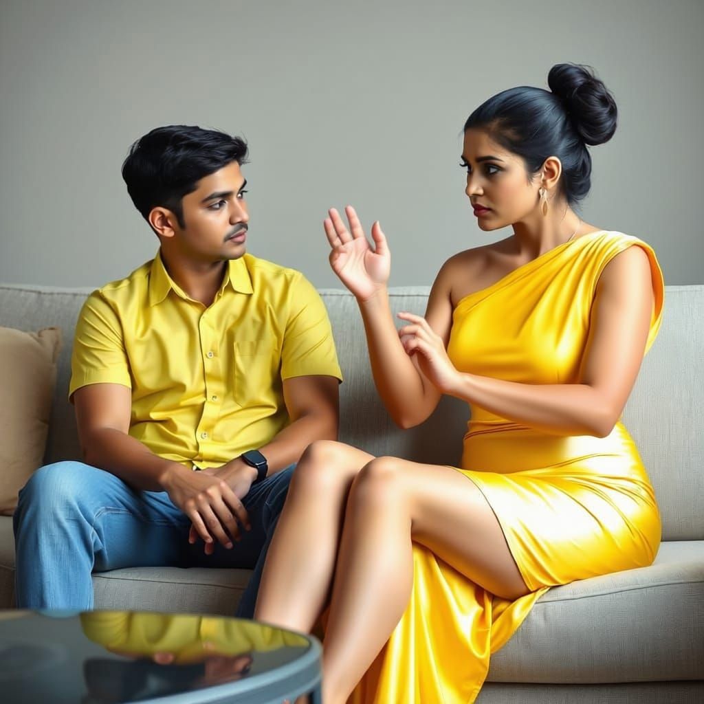 Indian Woman in Yellow Silky Outfit with Serious Expression