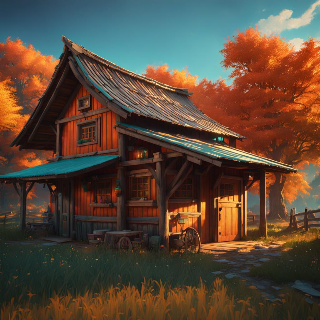 Horse Shed Beside Wooden Home: Detailed Concept Art
