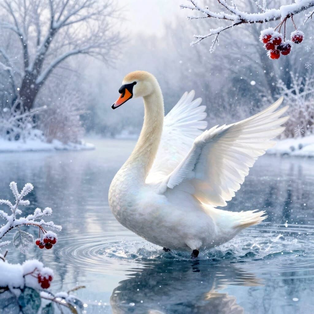 A stunning, adorable swan in a graceful, dynamic full-body pose, gliding across a magical winter lake, radiating tender ...