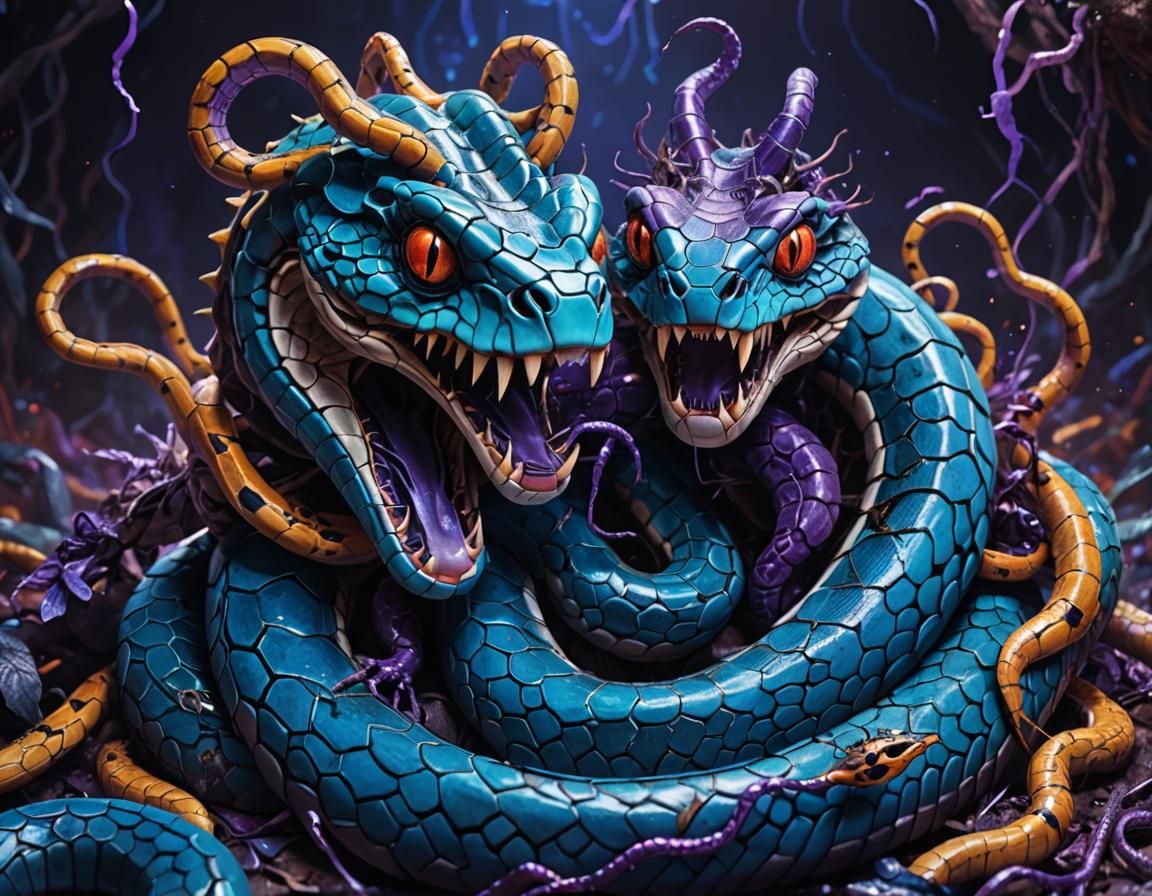 Hyperrealistic Snakes Crowned with Spiders and Fists