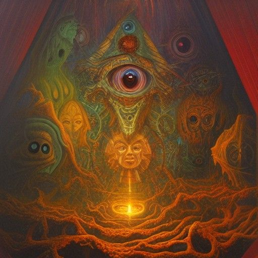Illuminati Structure with Eyes: A Cosmic Horror Oil Painting