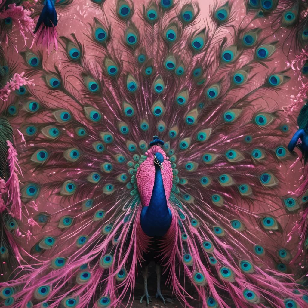 Pink and Blue Peacock Flaunting Feathers