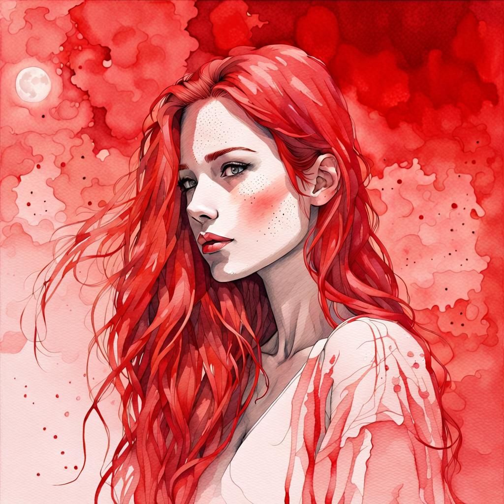 Redhead Portrait with Cyberpunk Neon Lights in Watercolor