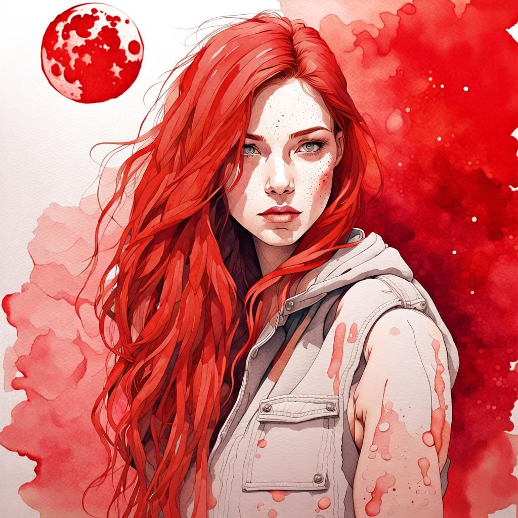 Redhead Portrait in Red and White Cyberpunk Style