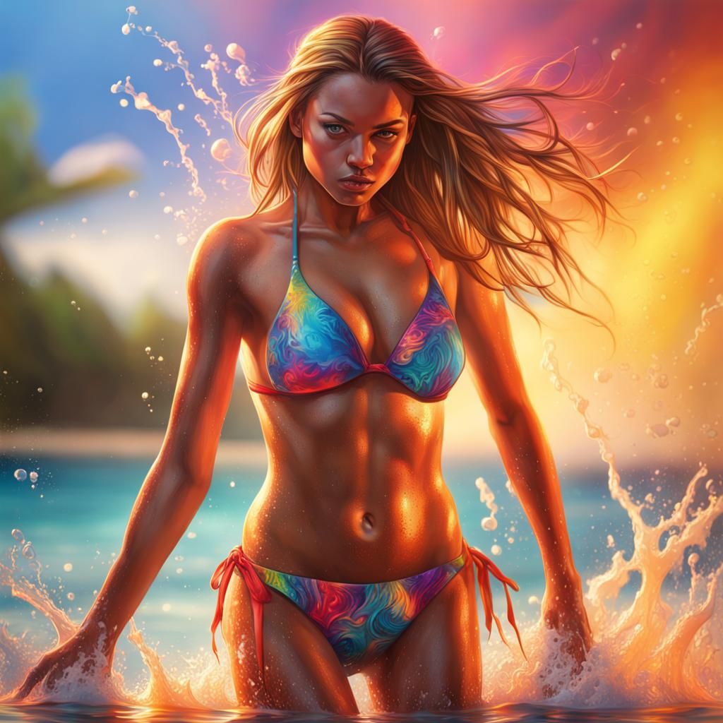 Hyperrealistic Teen in Bikini with Splash Art Background