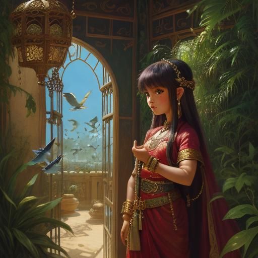 Captive Genie Girl in Aviary, Oil Painting
