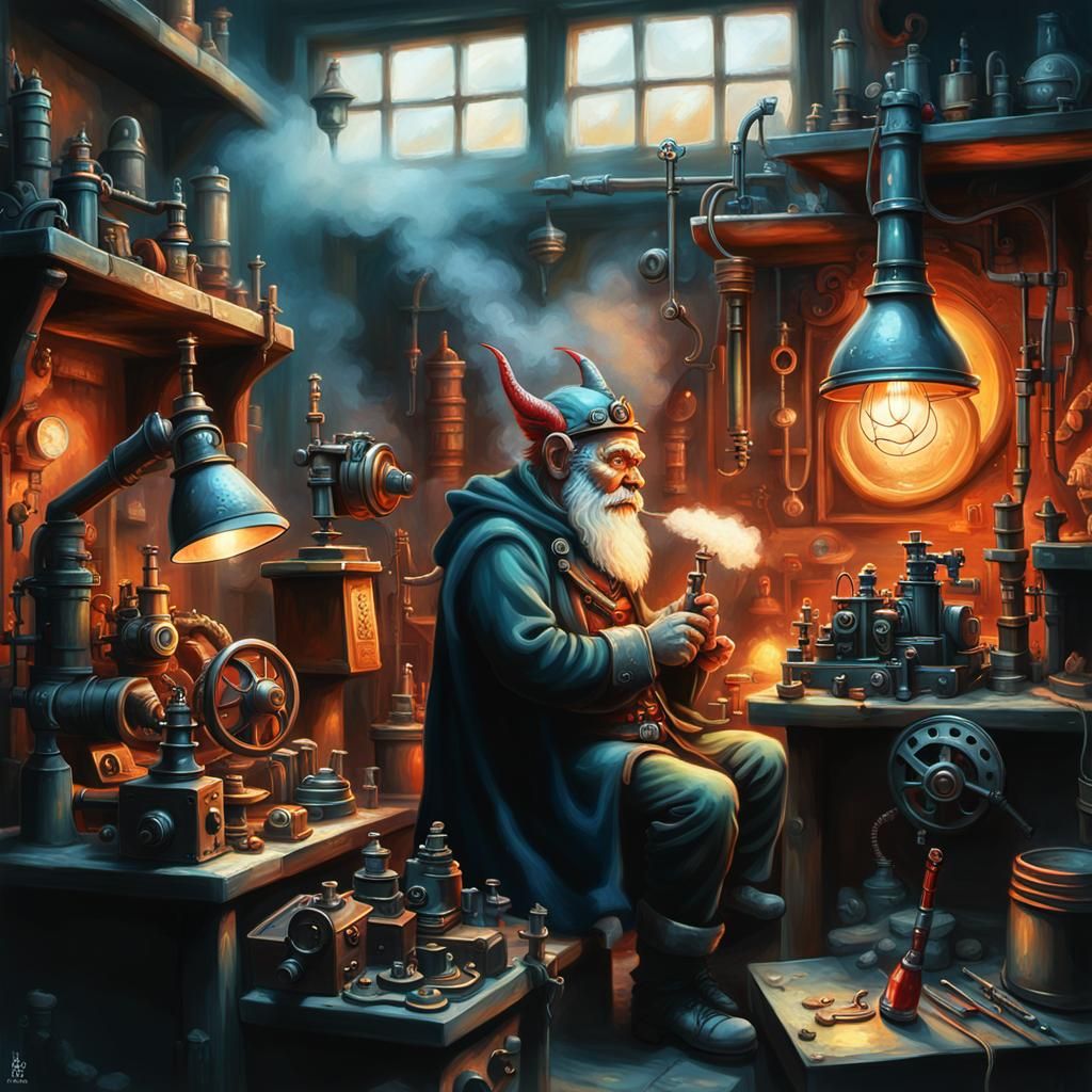 Steampunk Gnome with Horns in Workshop