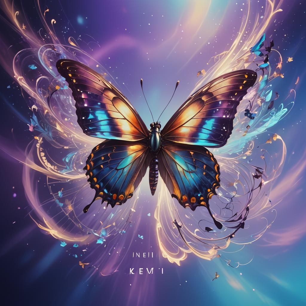 Surreal Butterfly with Futuristic Text, Dreamlike Scene