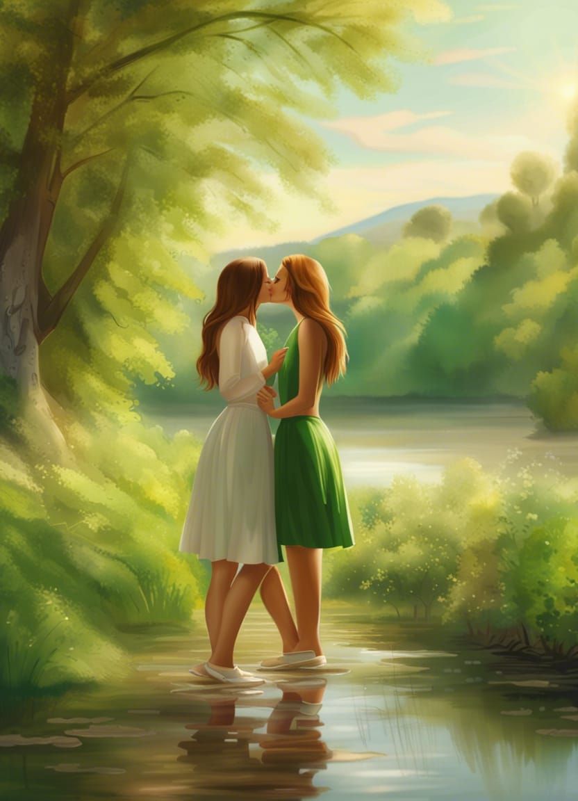 Romantic Kiss by the River in Green Landscape