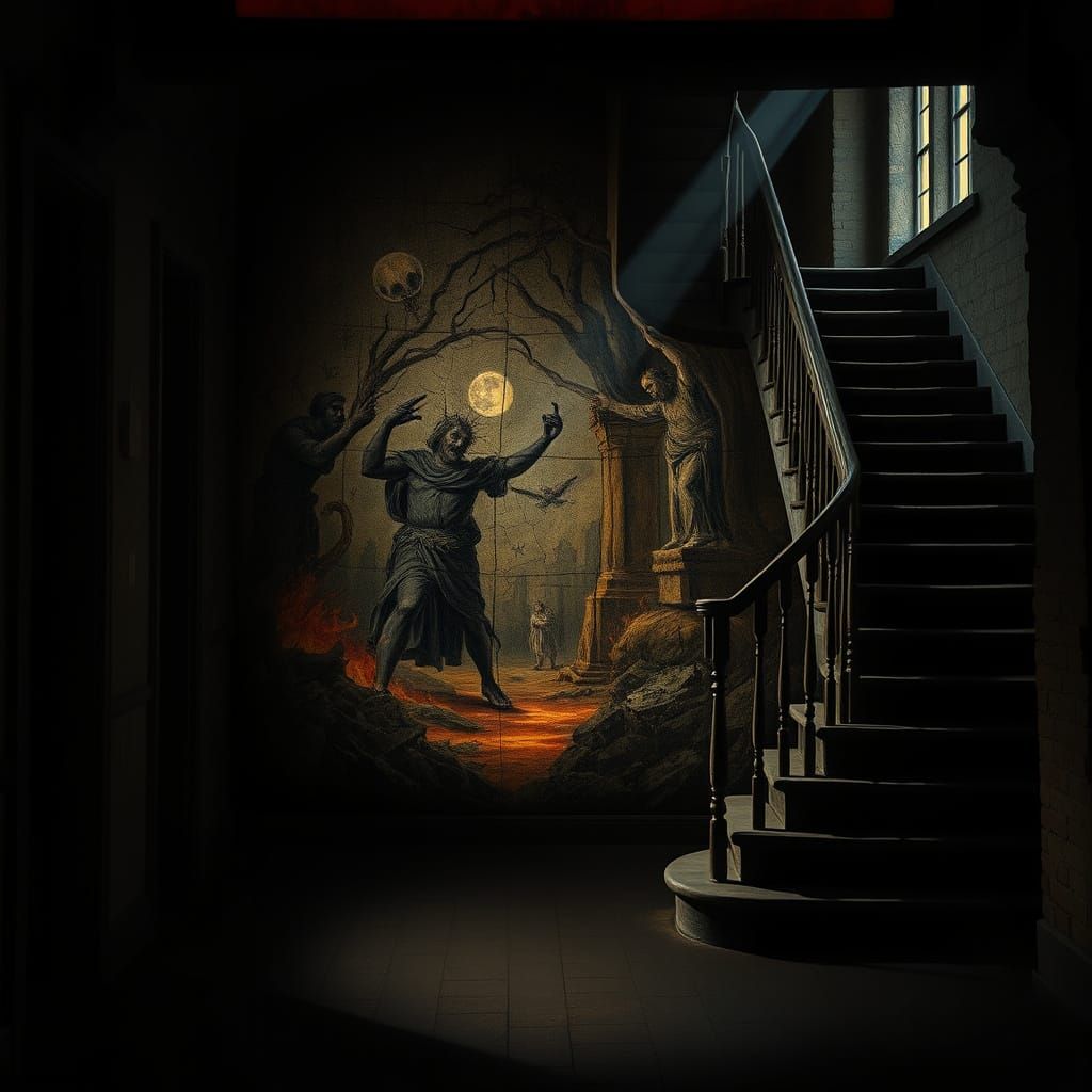 Dark Staircase to Hell in a Cracked Bosch-Inspired Painting