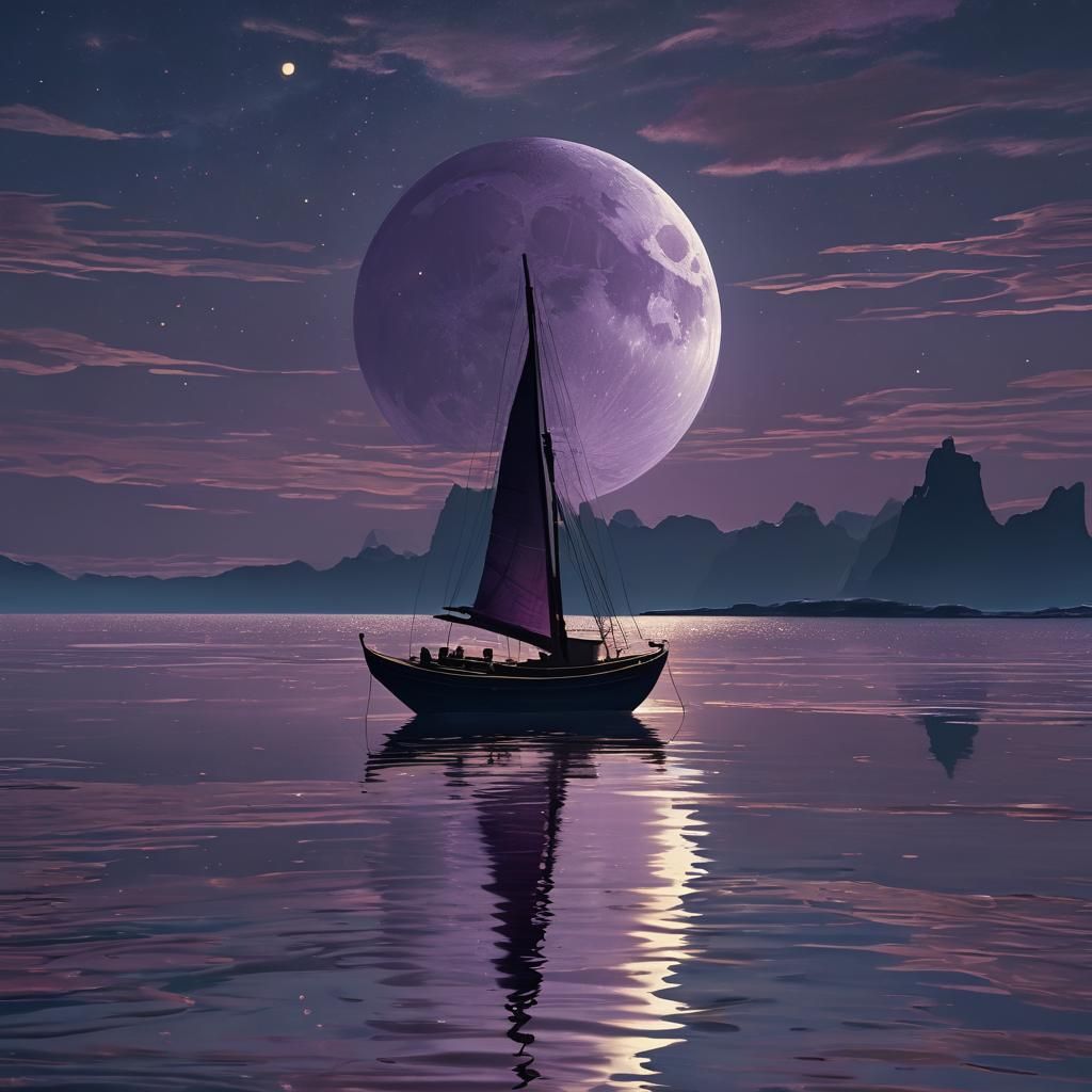 Solitary Boat Between Reflected Moons: Fantasy Concept Art