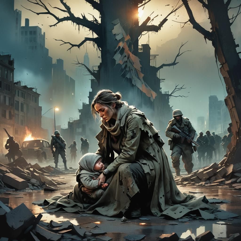 War-Torn City: Mother and Child Concept Art