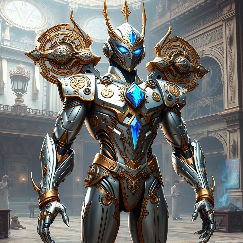 Regal Automaton in Ancient Cyberpunk City Plaza