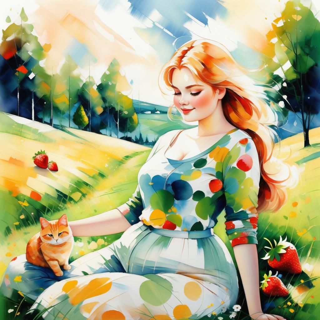 Joyful Woman with Cats in Colorful Meadow