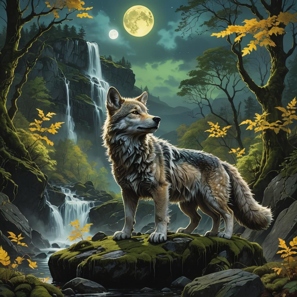 Luminous Wolf Cub Howling at Moon, 3D Holographic Art