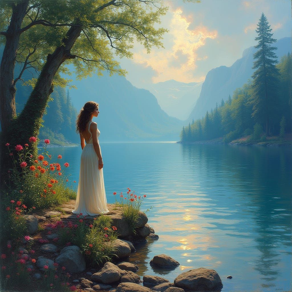 Ethereal Lake Scene in Iridescent Light