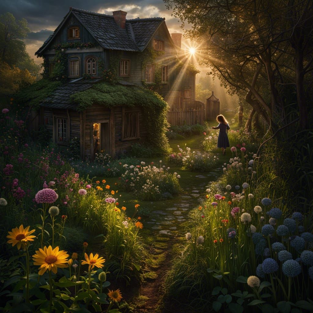 Sunlit Garden in Dark Backyard, Detailed Art