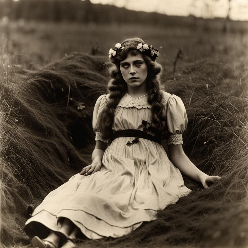 Eerie 1920s Grave Scene with Girl in Bloodied Dress
