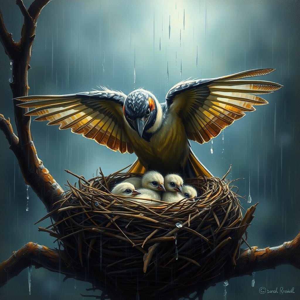 Mother Bird Sheltering Chicks on Rainy Night in Wilderness