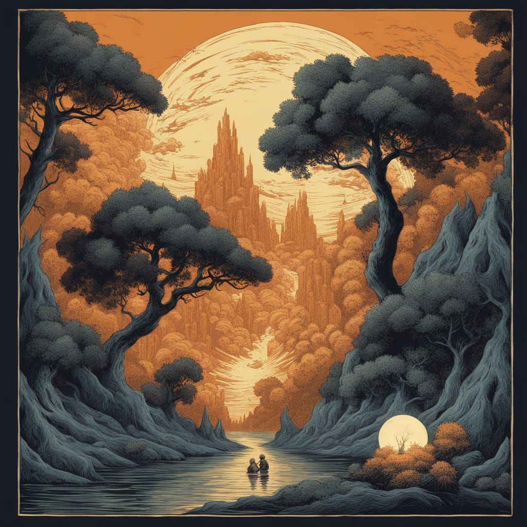 Ethereal Golden Age Scene of Travelers Amidst Blazing Trees