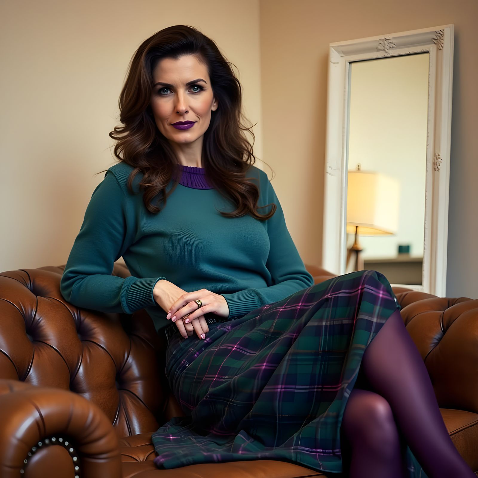 Elegant Woman in Teal and Purple Outfit on Sofa