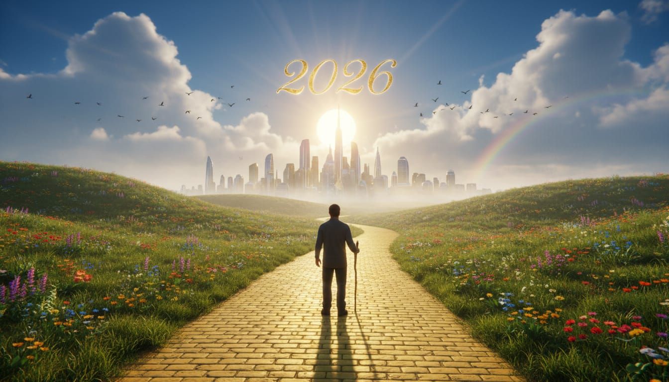 Man Starts Journey to Futuristic City on Yellow Brick Road