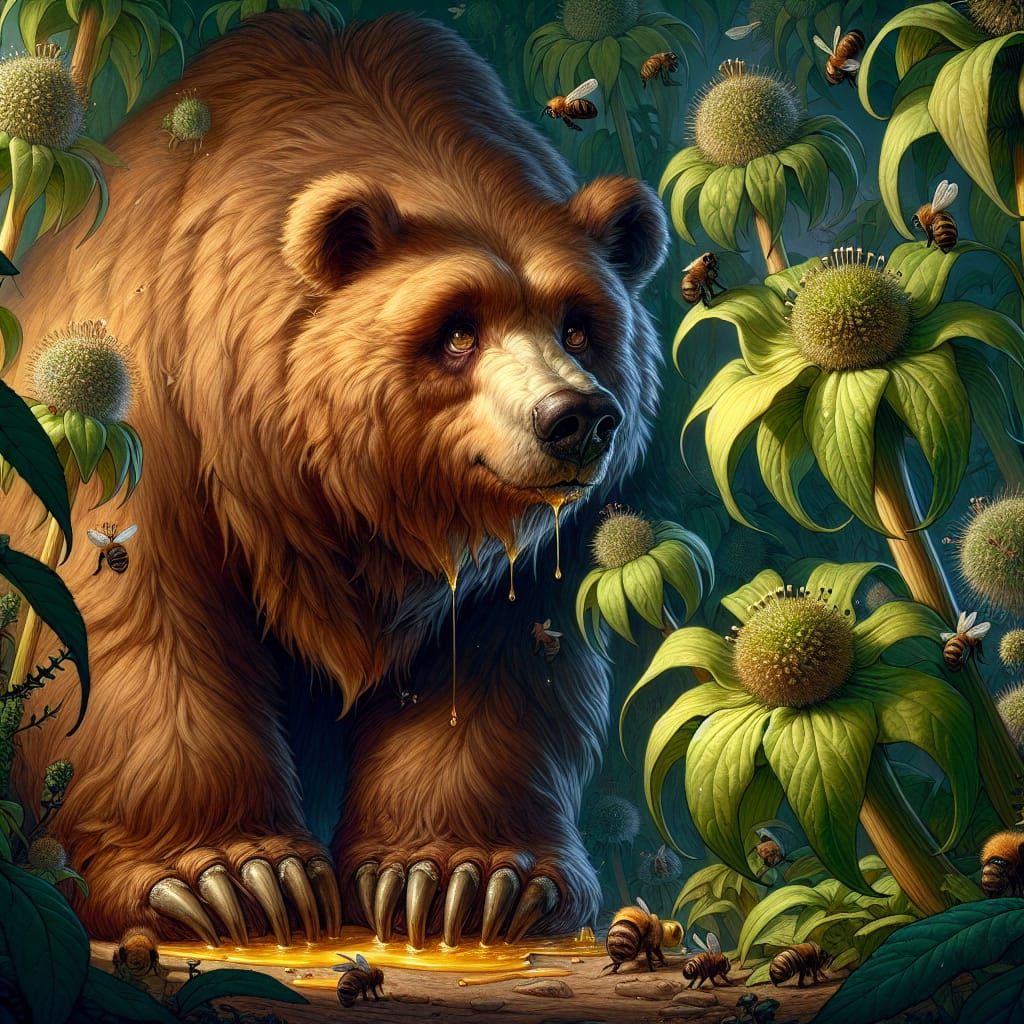 Whimsical Bear Thief in Dreamy Forest, Watercolor Illustrati...