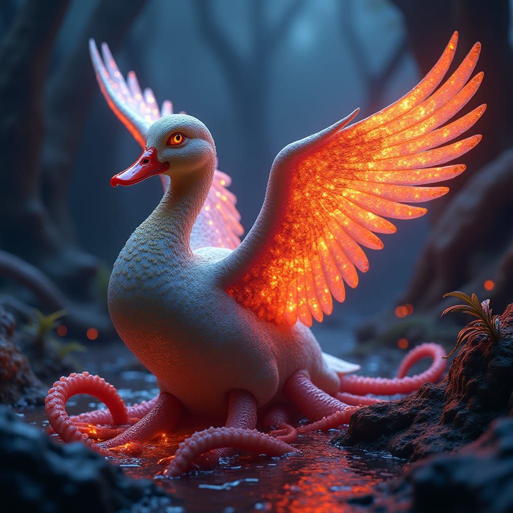 Iridescent Duck-Octopus Hybrid with Lava Wing