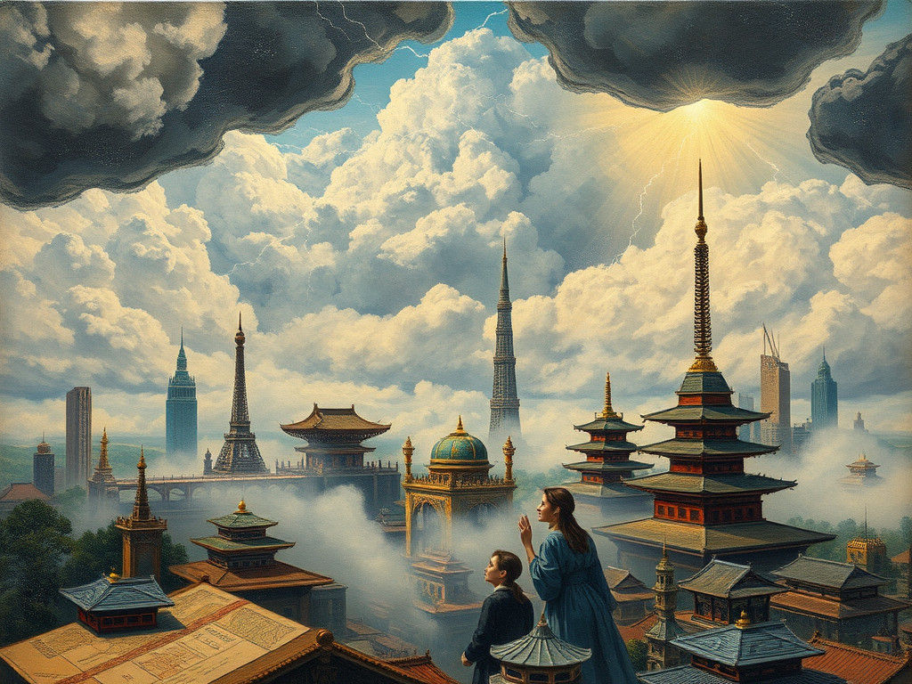 Cloud City Suspended in Storm, Neo-Impressionist Style