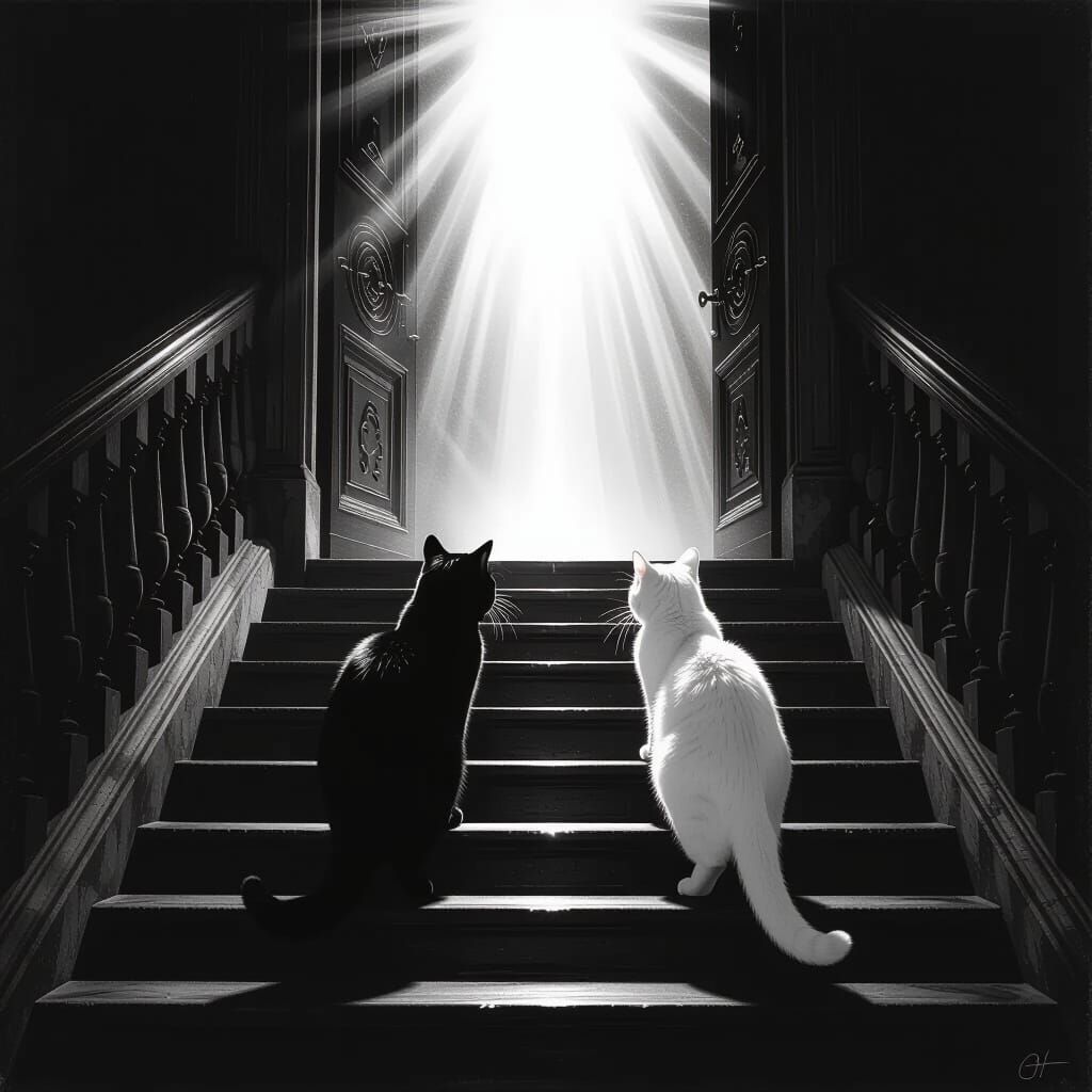 Cats Ascend Staircase Towards Light, Escaping Darkness