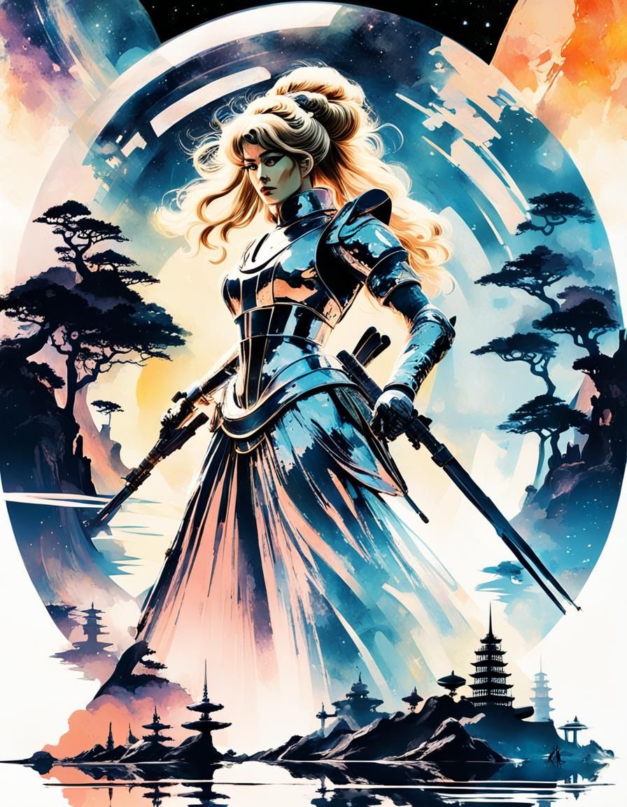 Geisha in Space: Stylized Watercolor Art