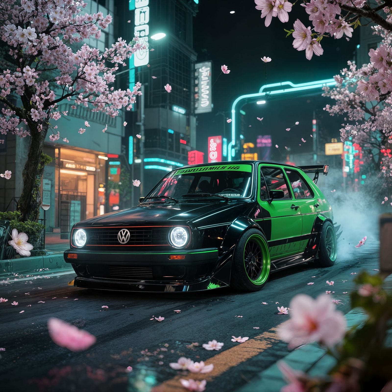 Drifting VW Golf 1 in Neon-Lit Japanese Street with Sakura
