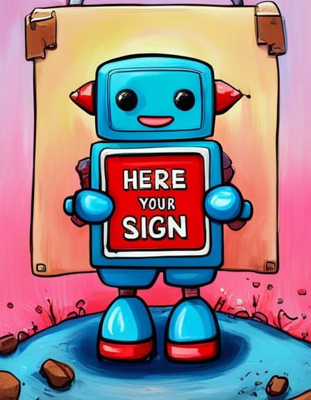 Adorable Robot Holds 'Here's Your Sign' in Splash Art