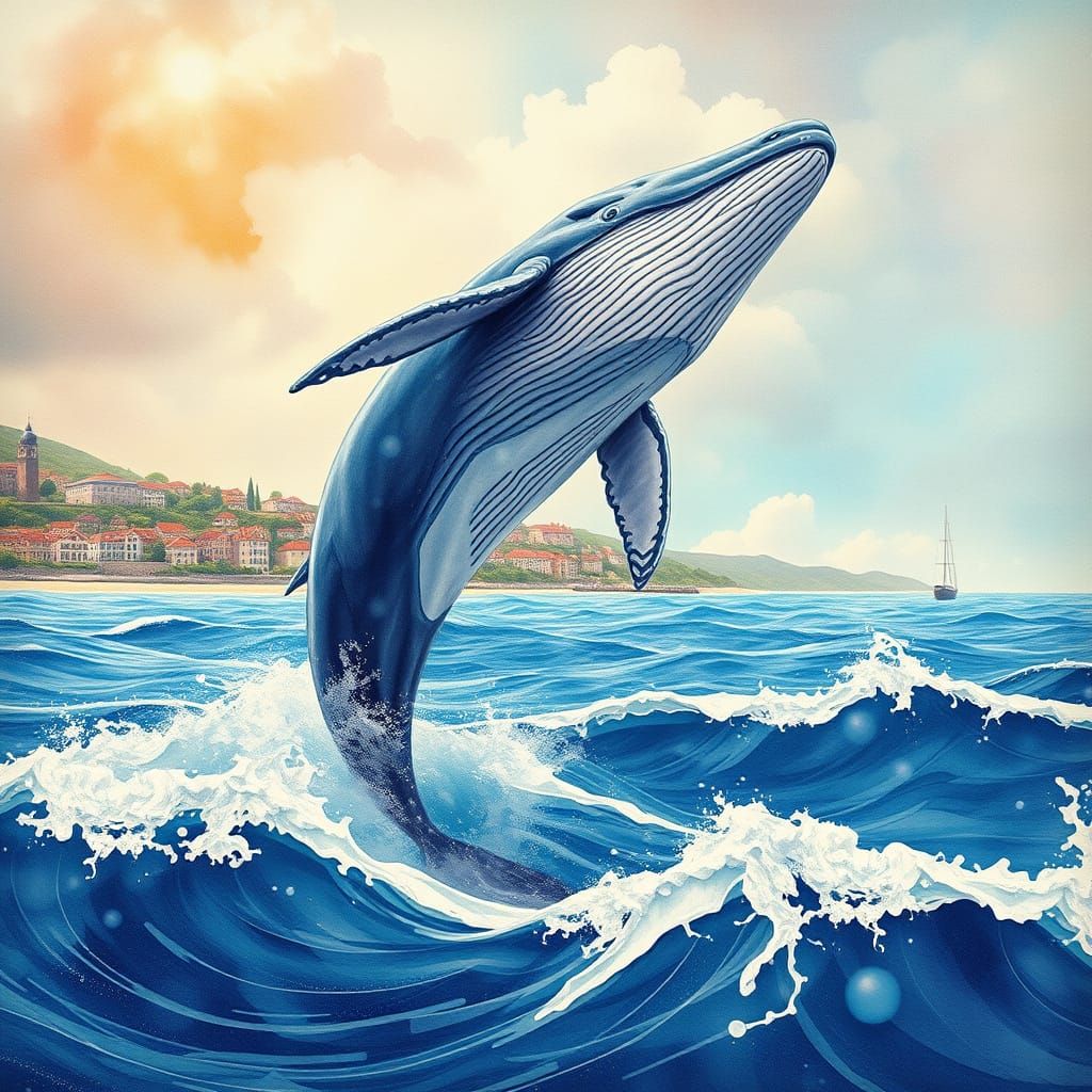 Humpback whale flipping in air above waves in ocean. Seaside...