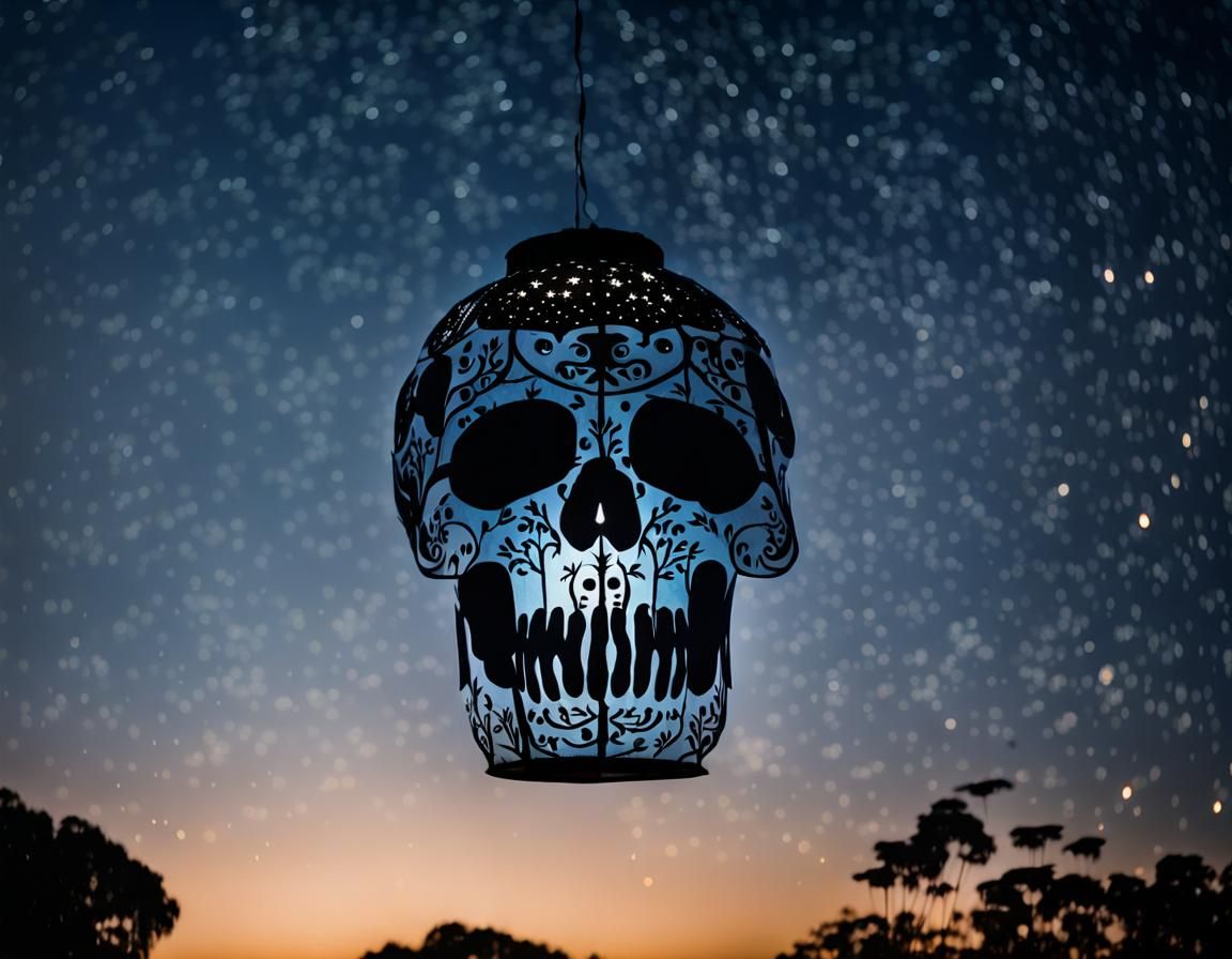 Skull Paper Lantern Ascends into Night Sky