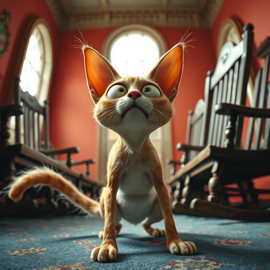 Frightened Long-Tailed Cat in Room of Rocking Chairs