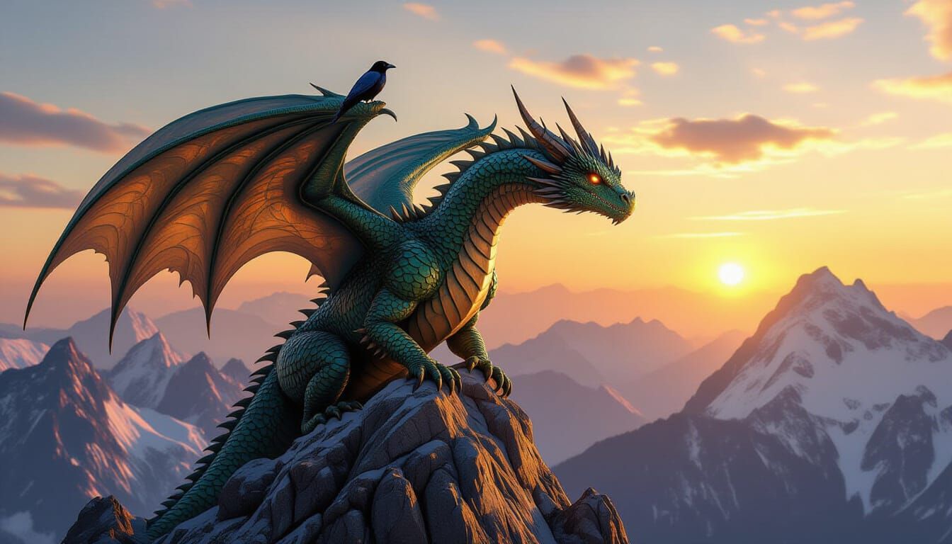Colossal Dragon and Raven at Sunrise