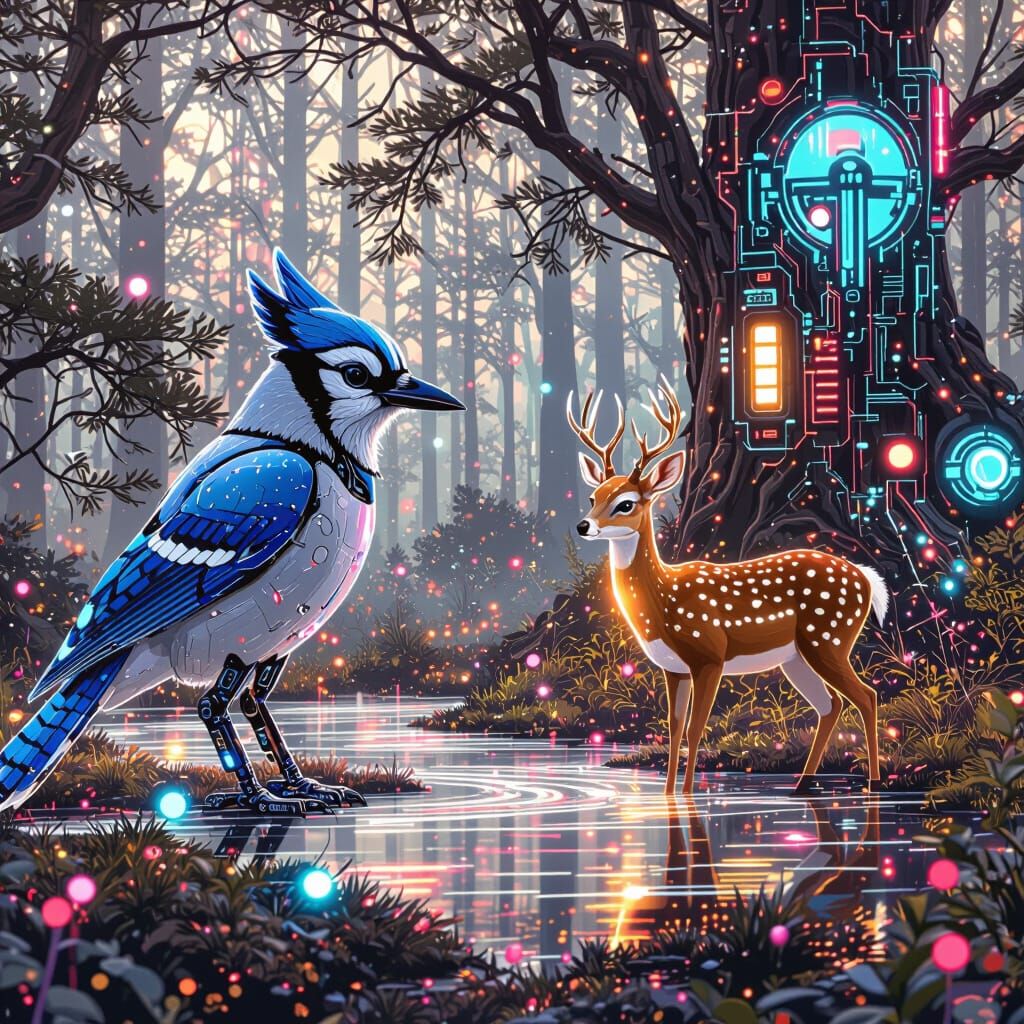 Blue Jay Robot Helps Deer in Neon Forest