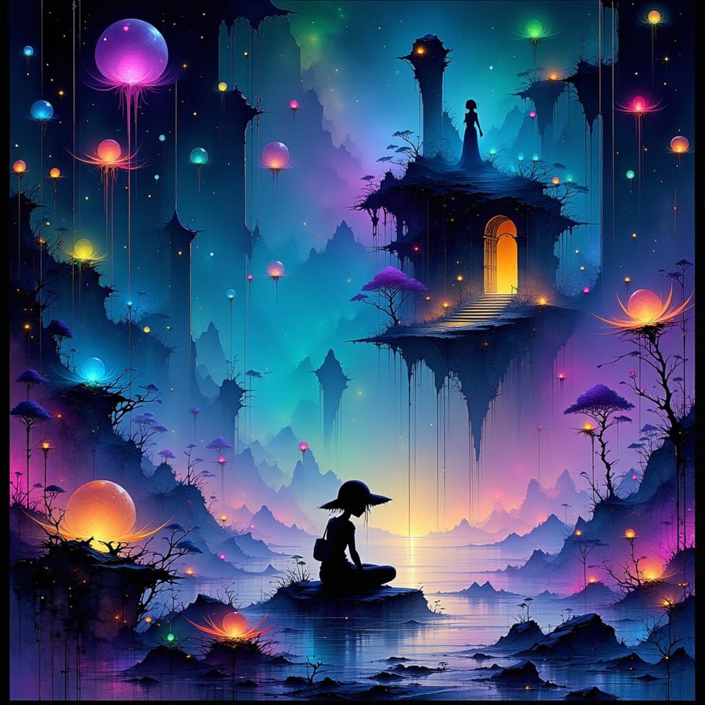 Whimsical Adventurer in Luminous Chamber as Digital Art